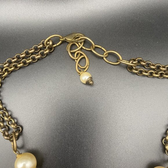 Signed Jan Michaels Art Nouveau Necklace Gold Brass Tone Caged Pearl Rolo Chain - Picture 8 of 8